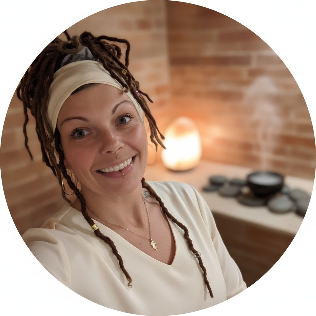Woman with dreadlocks smiles in a spa-like setting, salt lamp and stones visible.