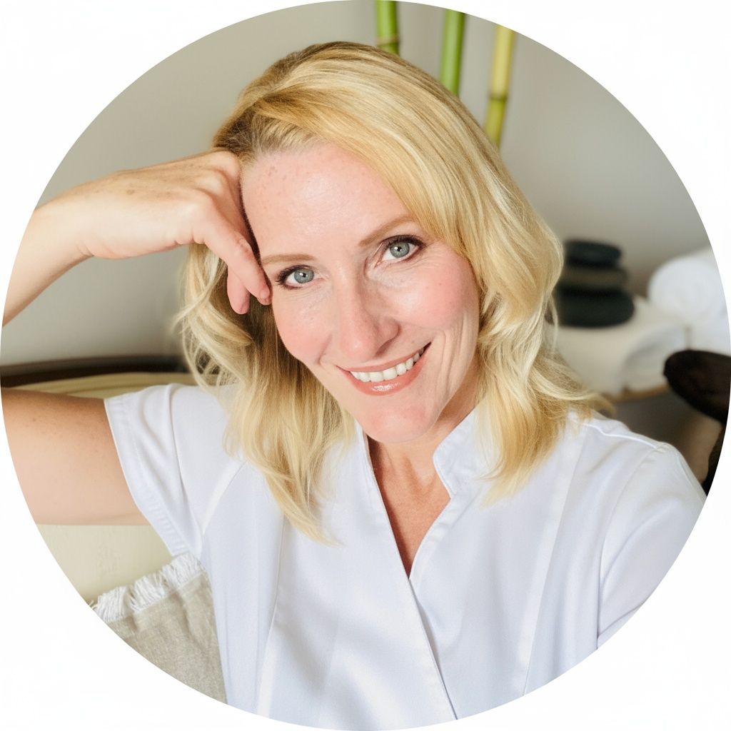Woman with blonde hair smiles, resting hand on head. Wearing a white uniform, spa setting.