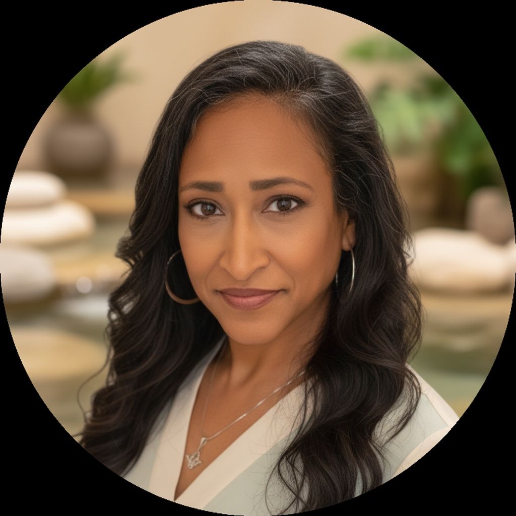 Woman with long, wavy dark hair; wearing hoop earrings and a pendant necklace; in a well-lit indoor setting.