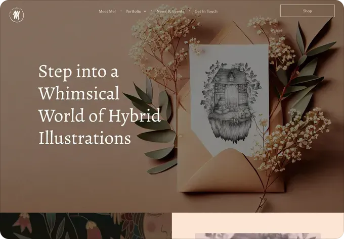A screenshot of a website that says step into a whimsical world of hybrid illustrations