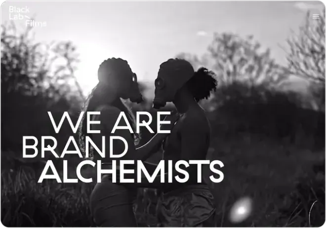 Screen shot of a website where a black and white photo with the words we are brand alchemists