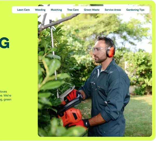Screen shot of a website where a man wearing headphones is cutting a tree with a chainsaw
