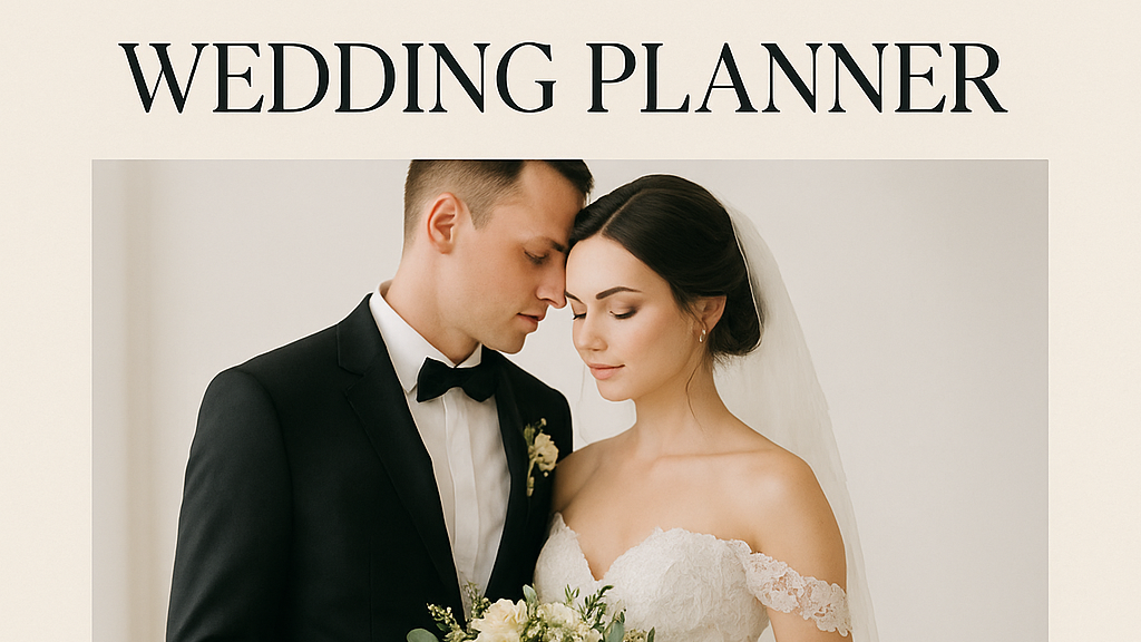 A bride and groom are posing for a wedding planner photo.