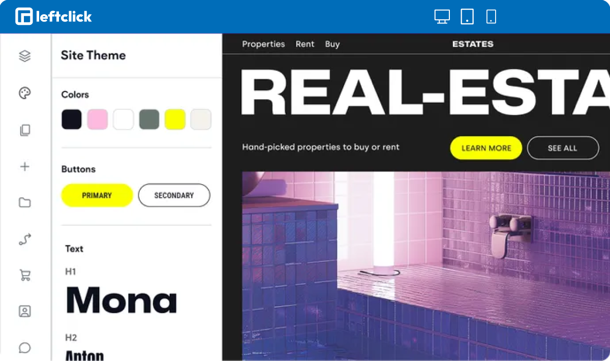 A screenshot of the Left Click website builder Site Theme interface