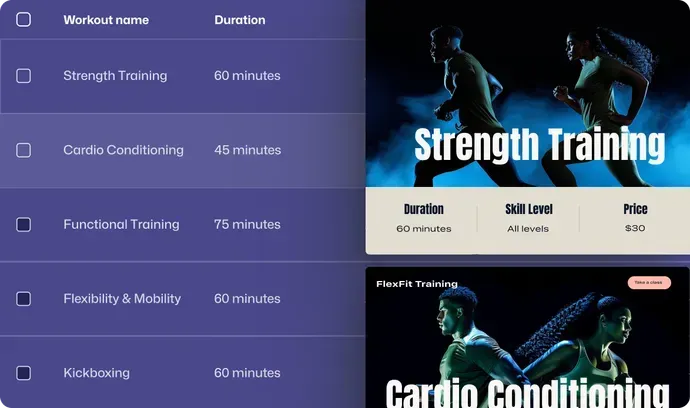A screenshot of Left Click's powerful CMS for a website for strength training and cardio conditioning