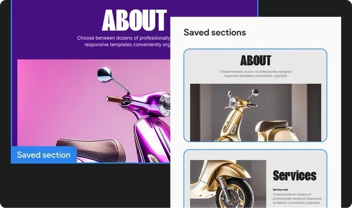 A purple scooter and a gold scooter are displayed on a website.