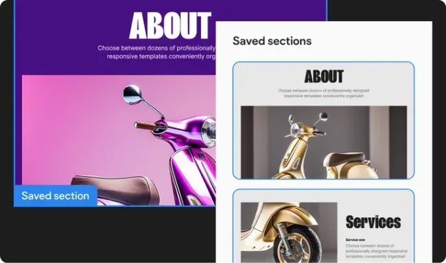 A purple scooter and a gold scooter are displayed on a website.