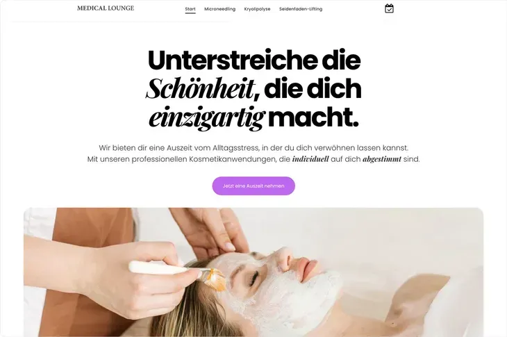 Screen shot of a website where a woman is getting a facial treatment at a spa.