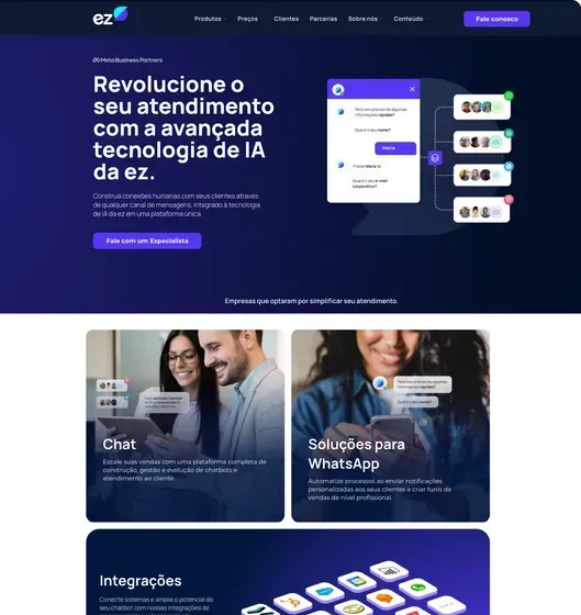 A screenshot of a purple SaaS website that has images of user interfaces and people interacting with it