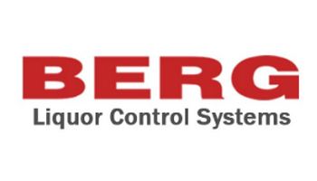 A red and white logo for berg liquor control systems
