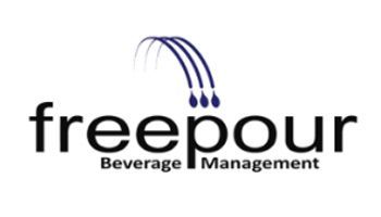 A logo for freepour beverage management with a waterfall