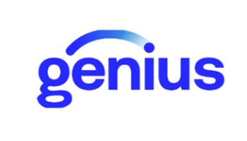 A blue and white logo for genius on a white background
