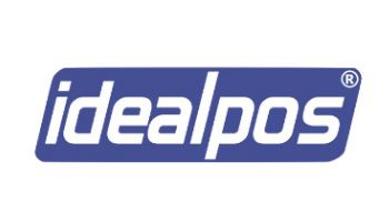 A blue and white idealpos logo on a white background