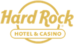 Hard Rock Hotel & Casino logo in gold text and outline on a white background.