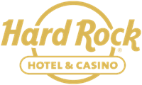 Hard Rock Hotel & Casino logo in gold text and outline on a white background.