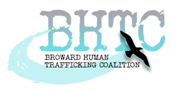 Logo for Broward Human Trafficking Coalition; BHTC text in teal and grey, silhouette of bird, teal swirl.