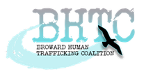 Logo for Broward Human Trafficking Coalition; BHTC text in teal and grey, silhouette of bird, teal swirl.