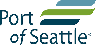Port of Seattle logo with text and stylized green, teal, and blue stripes.