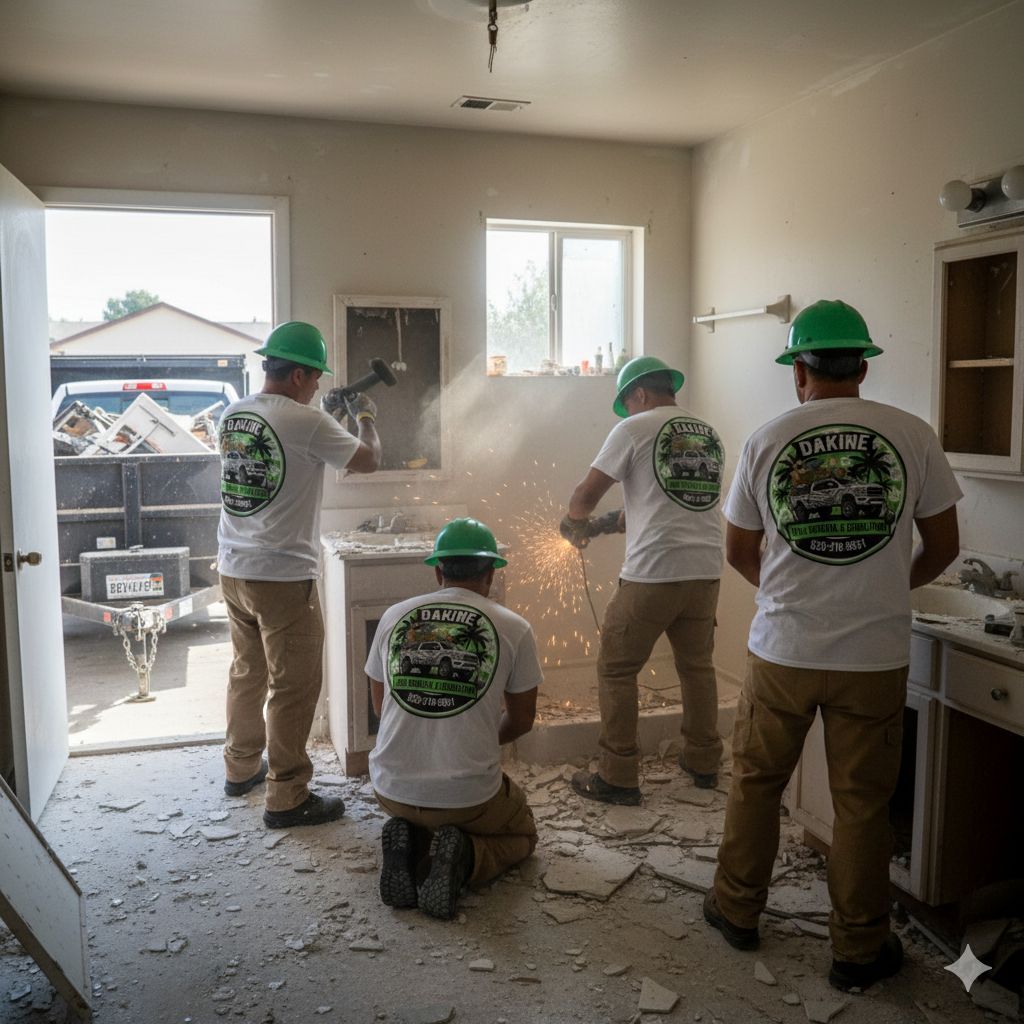 Men in green hard hats demolishing a room. Sparks fly from equipment.