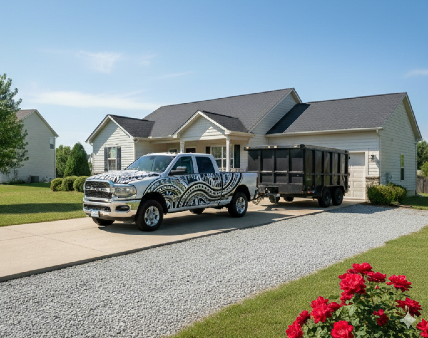 White truck with black trailer in driveway of house.