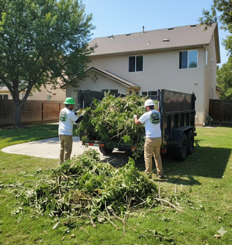 Two workers loading yard waste into a trailer in a backyard on a sunny day.