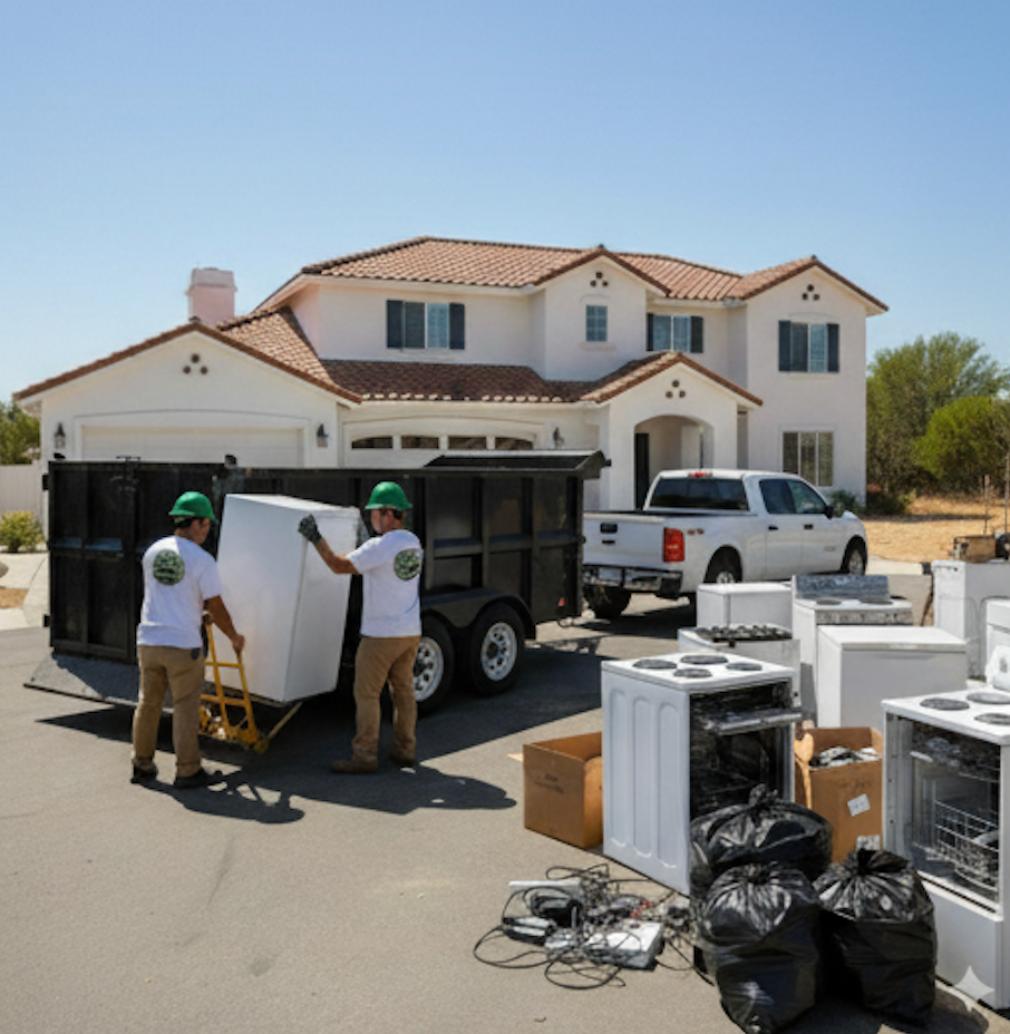 Two workers loading a white appliance into a trailer in front of a house on a sunny day.