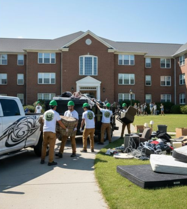 Movers unloading truck near brick building. People carrying boxes, furniture, on sunny day.