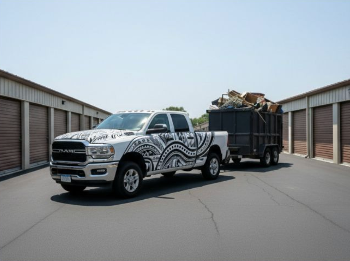 White truck with black art pulling a trailer filled with debris in front of storage units.