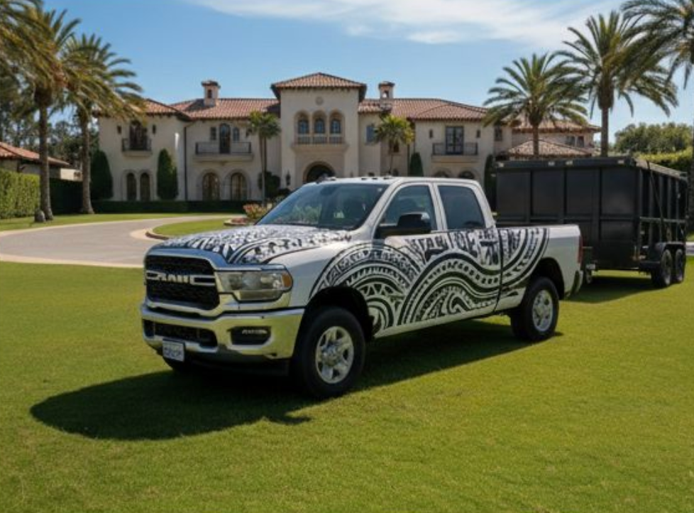 Ram pickup truck with tribal design towing a trailer on a lawn in front of a mansion.