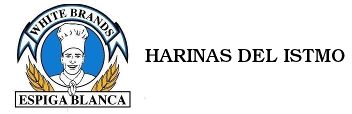 Logotipo con un chef dentro de un círculo azul, flanqueado por trigo y las palabras "HARINAS DEL ISTMO".