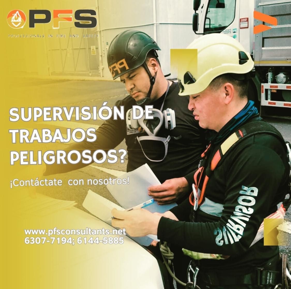 Dos trabajadores con equipo de seguridad revisan documentos; el texto pregunta sobre la supervisión de trabajos peligrosos; se proporciona sitio web y número de teléfono.