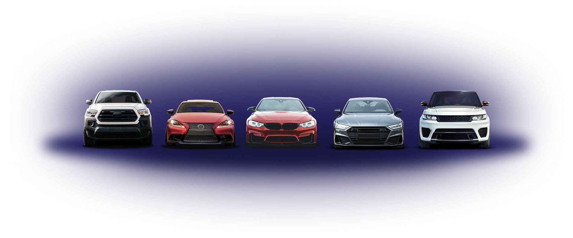 Five compact cars in a row on a white background, each in a different color. | Integrated Automotive Services