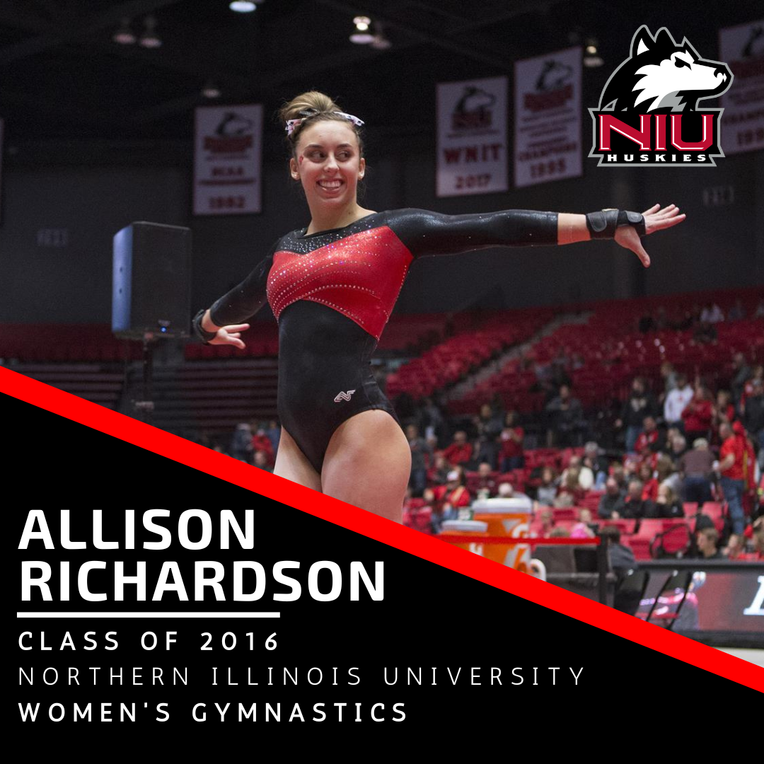 A poster for Hall of Fame inductee Allison Richardson Class of 2016 - Northern Illinois University Women's Gymnastics Program