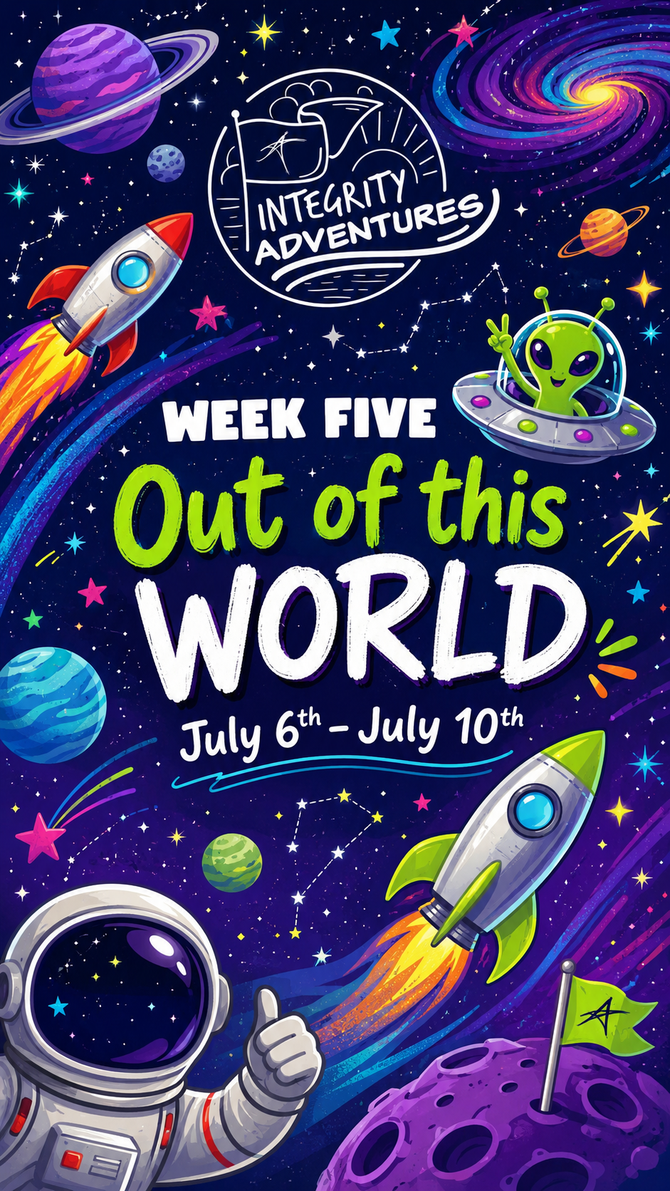 WEEK FIVE Jurassic Journey poster with dinosaur illustrations and date July 7th–July 11th for International Adventures.
