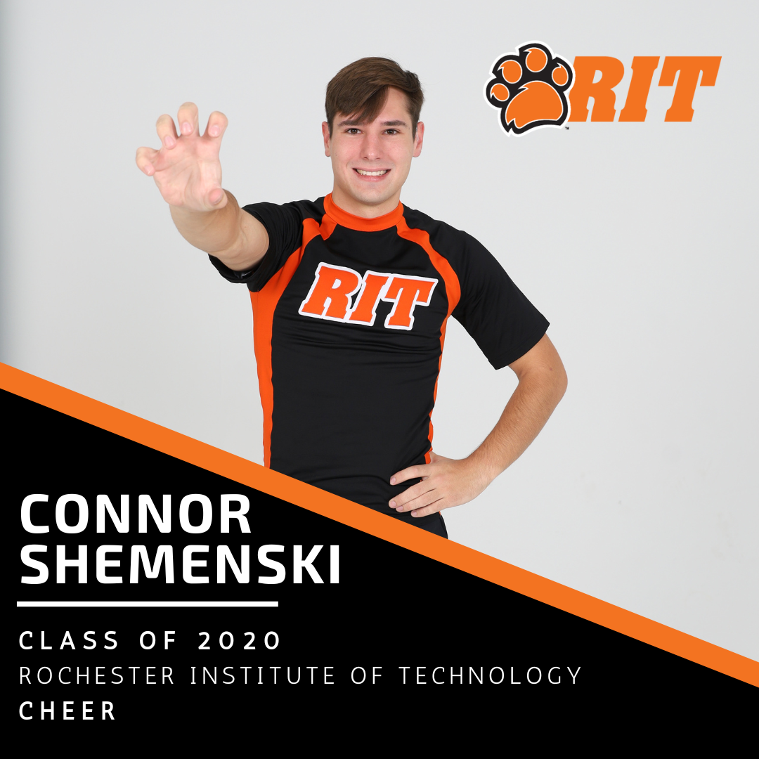 A poster for Hall of Fame inductee Conner Shemenski Class of 2020 - Rochester Institue of Technology Cheer Program