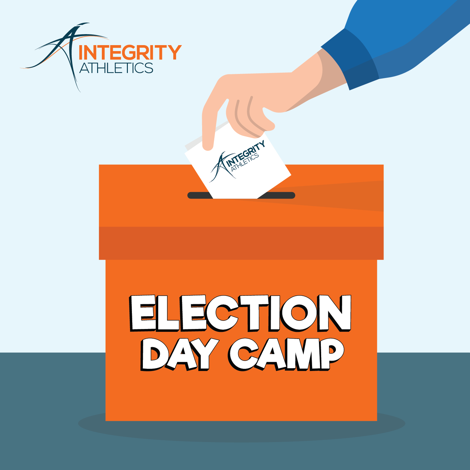 A hand is putting a ballot into an orange box that says election day camp