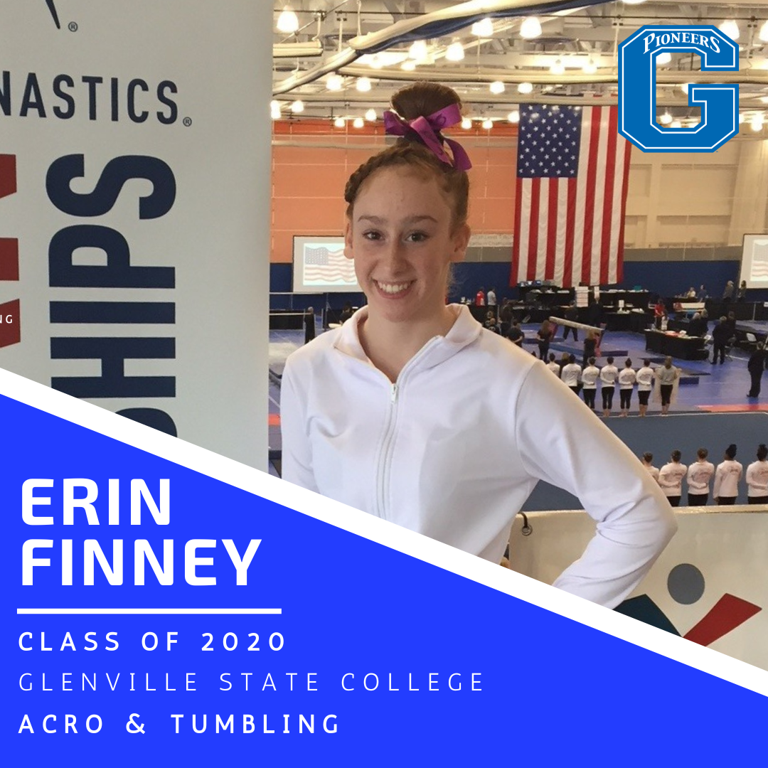 A poster for Hall of Fame inductee Erin Finney Class of 2020 - Glenville State College Acro & Tumbling Program