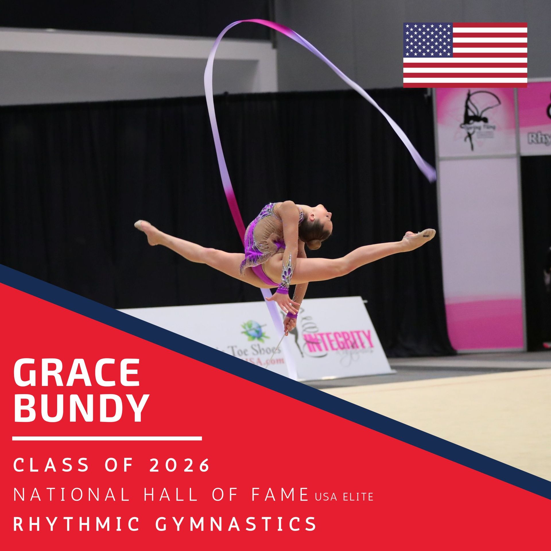 A poster for Hall of Fame inductee, Grave Bundy, Class of 2026 - USA National Elite 2018 -Rhythmic Gymnastics Program