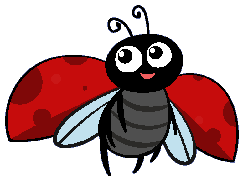 A cartoon ladybug with red spots on its wings is smiling.