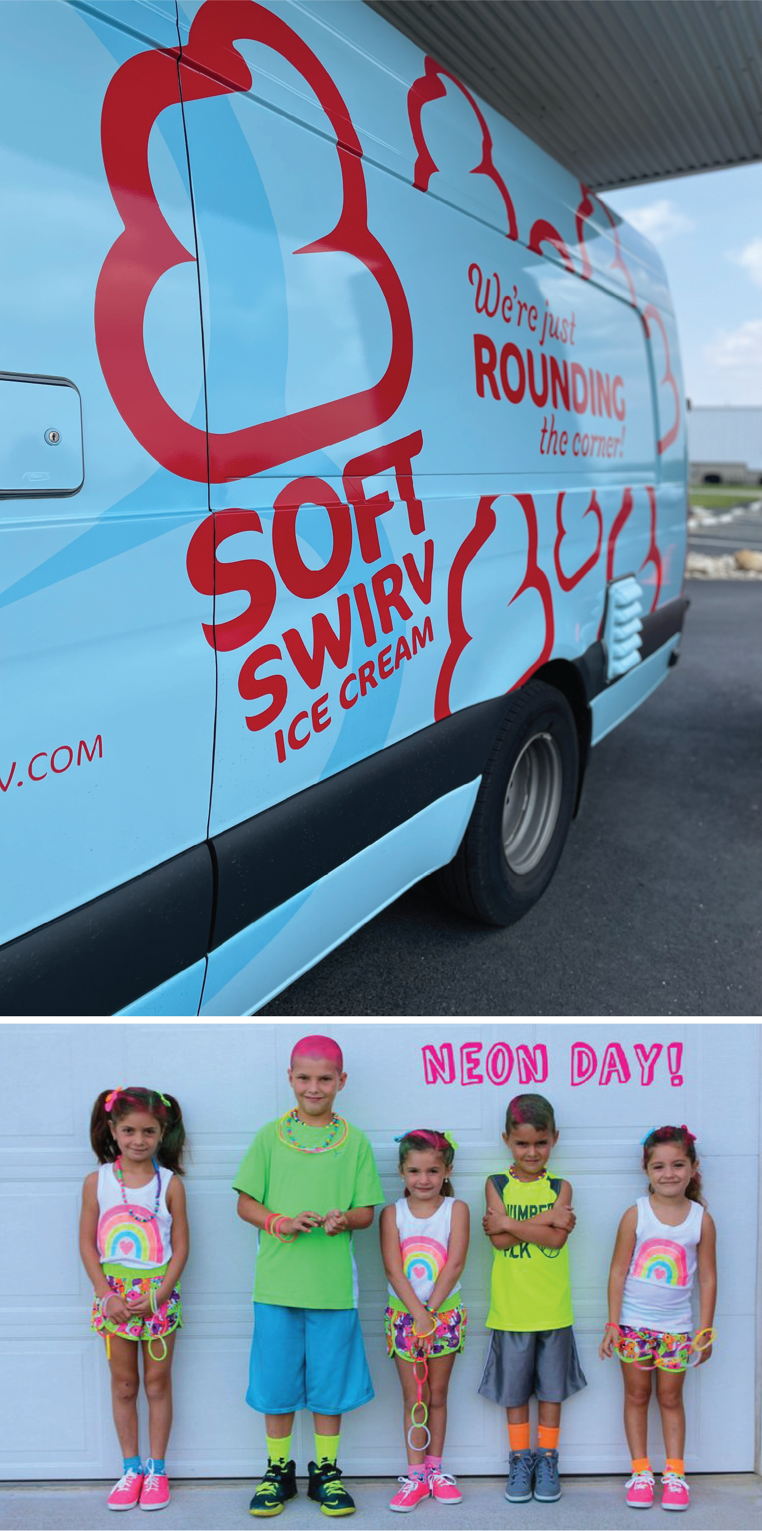 Top photo portrays a blue mobile ice cream truck with a red logo that reads Soft Swriv Ice Cream. The Bottom photo portrays five young children in a variety of bright neon colors posing against a white wall