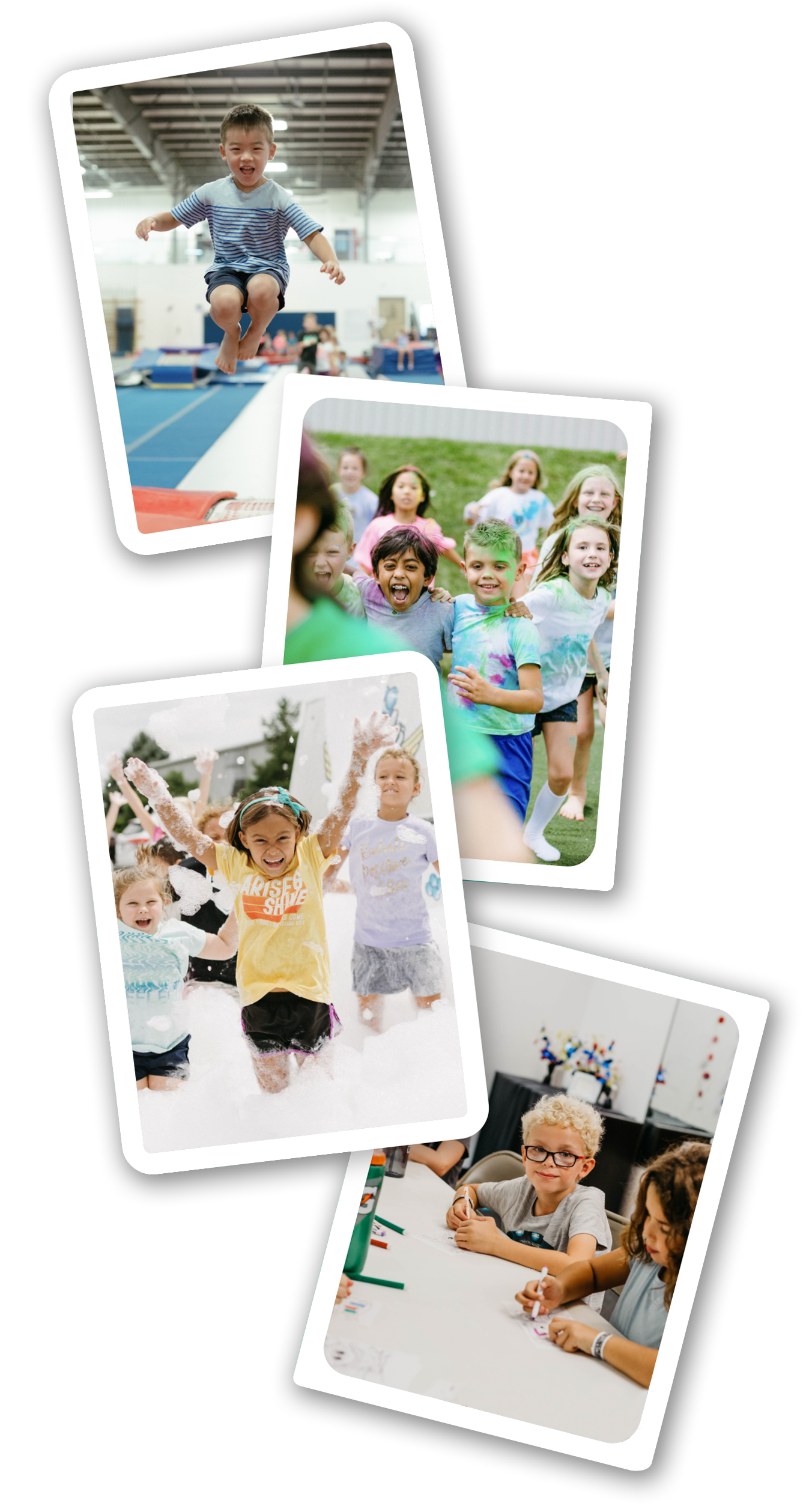 A collage of four pictures of children doing different activities.