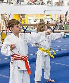 A boy and a girl are practicing karate in a gym.