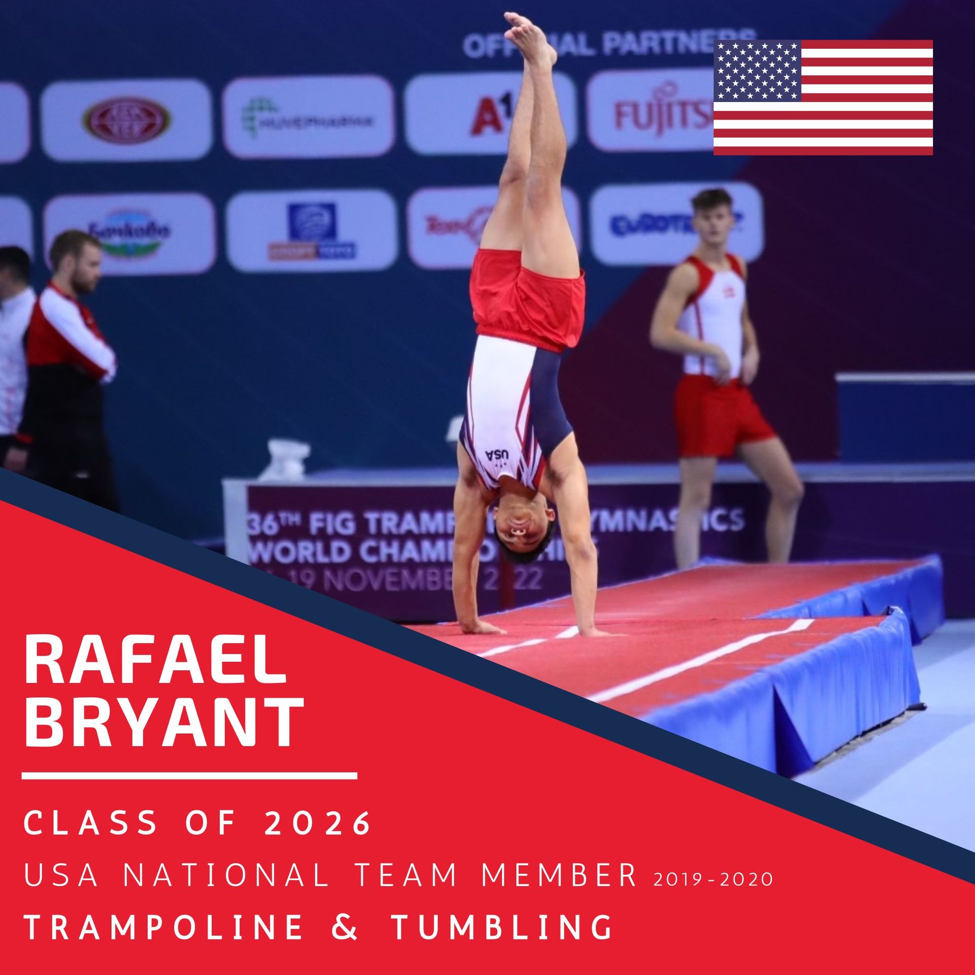 A poster for Hall of Fame inductee Rafael Bryant, Class of 2026 - USA National Team 2019 - 2020 - Trampoline & Tumbling Program