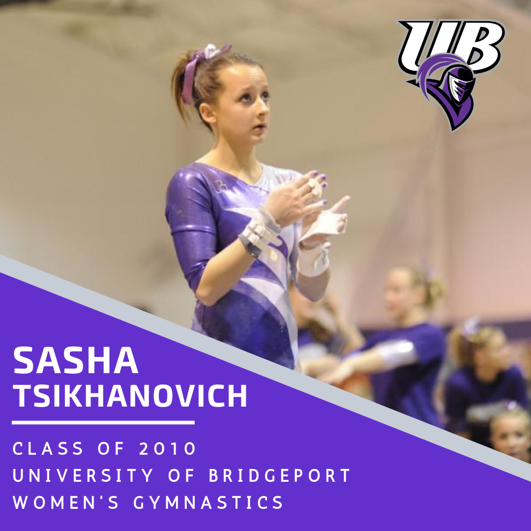 A poster for Hall of Fame inductee Sasha Tsikhanovich Class of 2010 - Bridgeport Women's Gymnastics Program