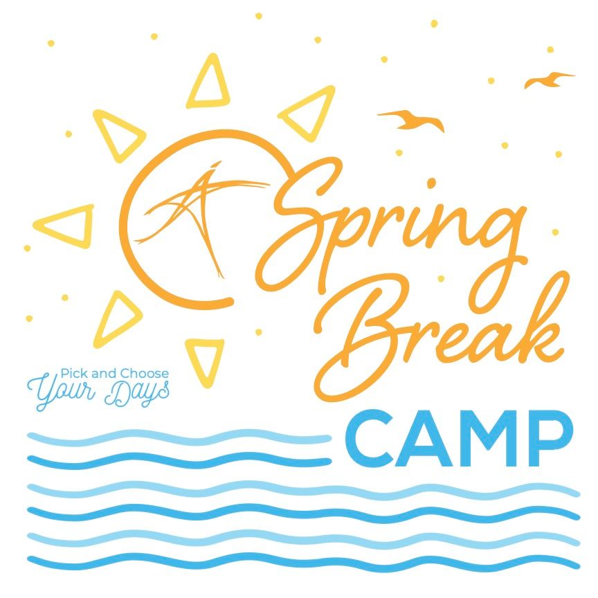 A logo for a spring break camp with a sun and waves