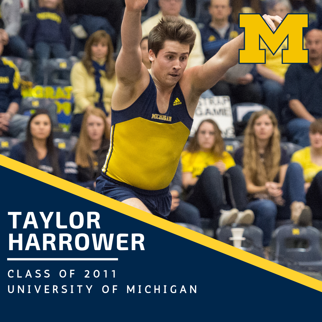 A poster for Hall of Fame inductee Taylor Harrower Class of 2011 - University of Michigan Men's Gymnastics Program