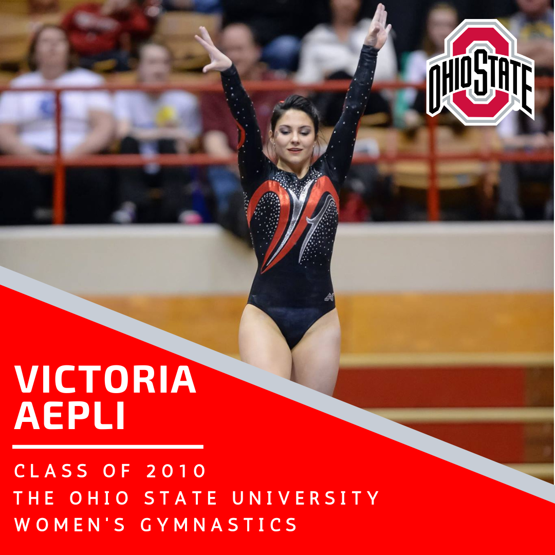 A poster for Hall of Fame inductee Victoria Aepli Class of 2010 - The Ohio State University Women's Gymnastics Program