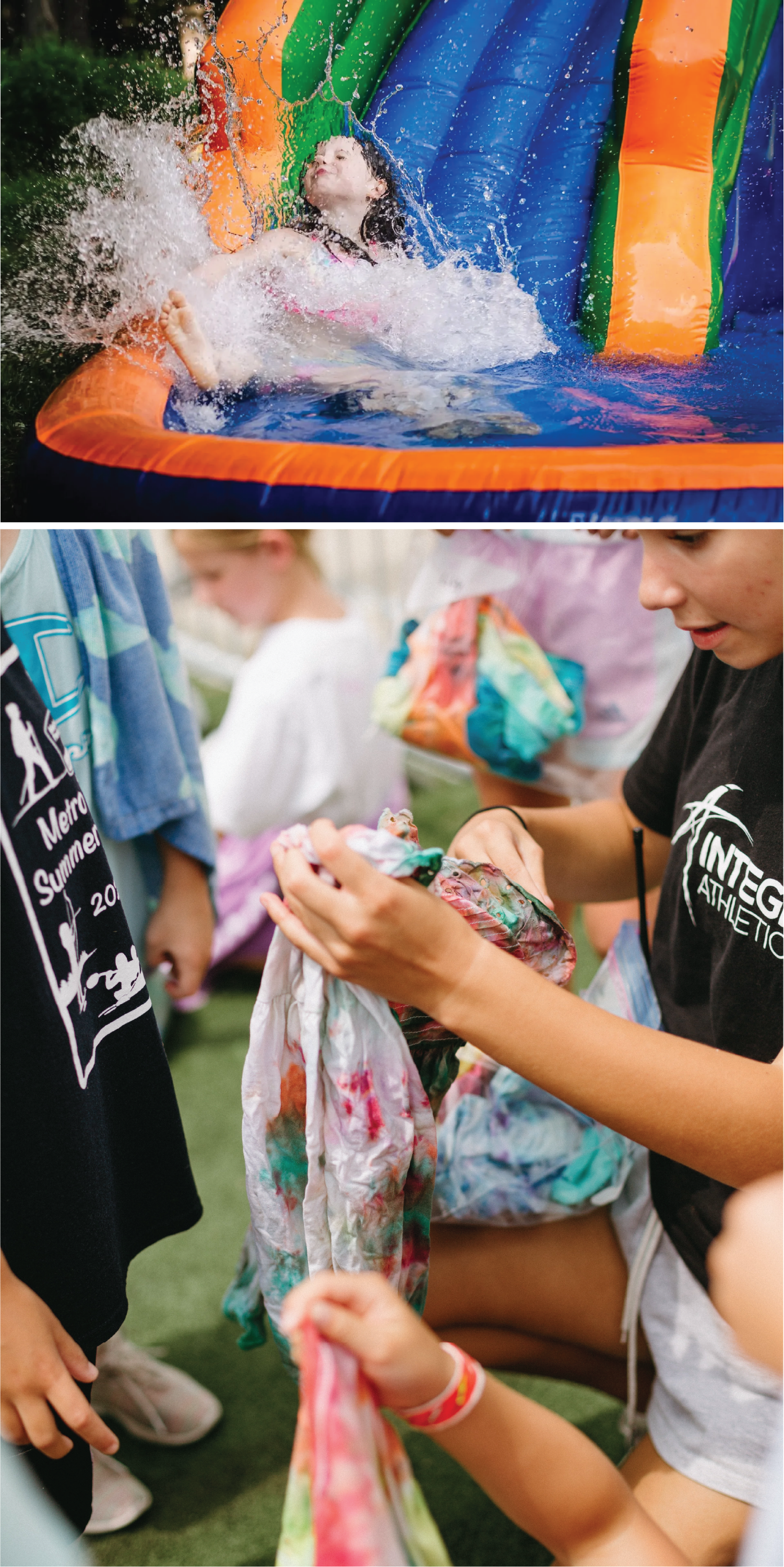 Top image is of a young girl is sliding down a blue inflatable slide sponsored by integrity adventures summer camp. The bottom phot show a group of children with an adult holding freshly tie dyed apparel items.