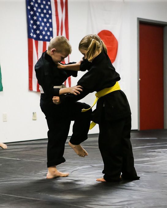 A boy and a girl are practicing karate in a gym.
