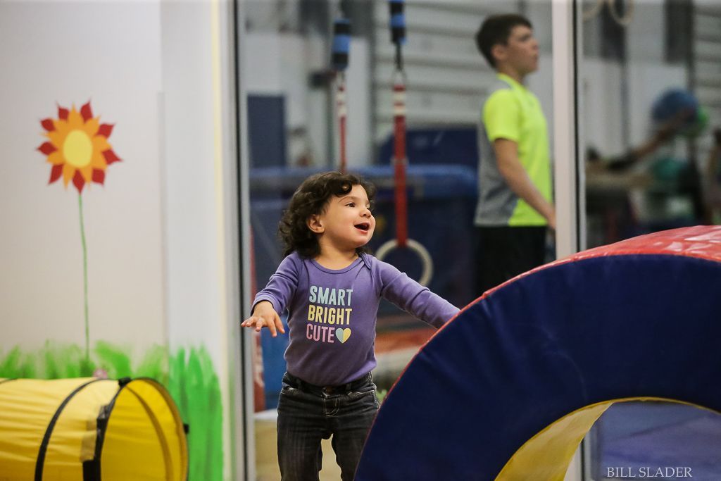 A little girl in a purple shirt is playing in a playground.